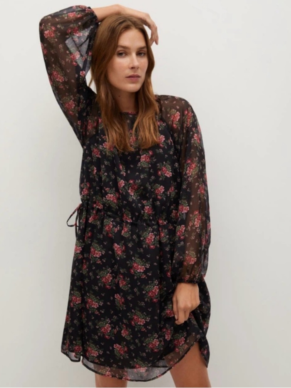 Mango Black Long-Sleeve Floral Shift Dress with Pink Rose Print